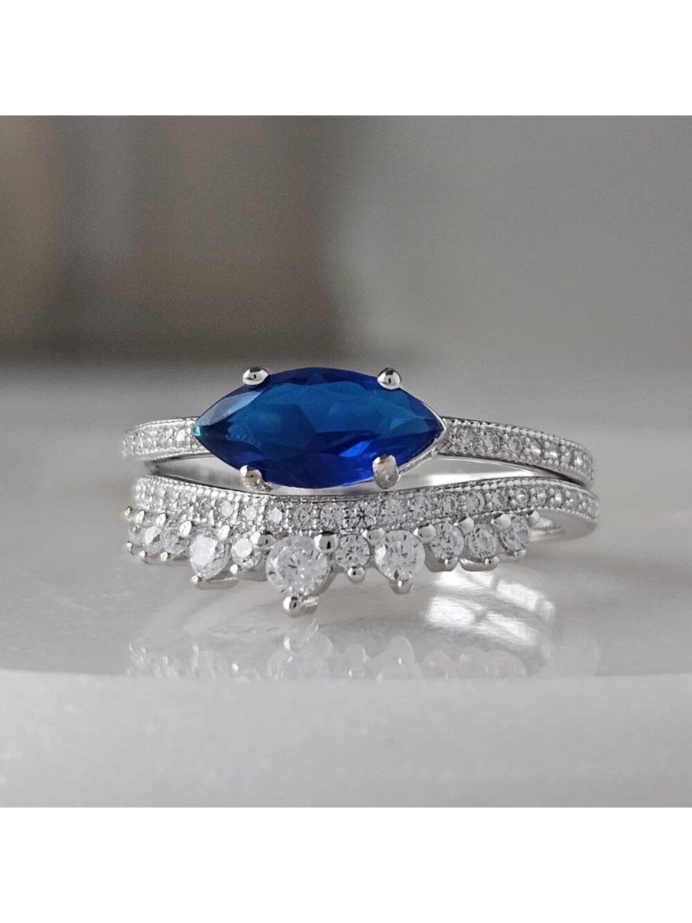 Marquise-cut Blue Sapphire ring set - 925 Sterling Silver Charmed Aroma - Picture 3 of 5